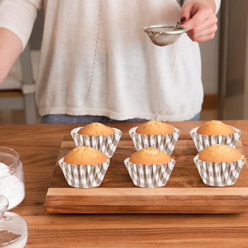 Whaline 300 Pcs Brown Plaid Cupcake Liner Khaki Plaid Paper Baking Cups Gingham Checkered Muffin Liner Cake Storage Container for Fall Baby Bridal Shower Wedding Birthday Party Supplies - color: Brown
