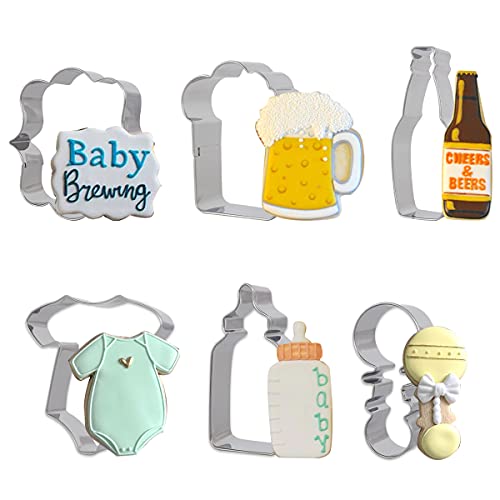 Beer Themed Cookie Cutters Stainless Steel, Baby Brewing Beer Set Mug Bottle Onesie Rattle Baby Bottle Photo Plaques Dough Fondant Biscuit Molds for Baby Shower - color: Beer