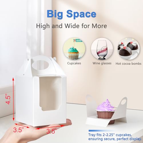 Cupcake Boxes 50 pcs, Individual Cupcake Containers White with Window Insert and Handle, Pastry Box Single Muffins Holder Disposable for Bakery Wrapping Party Favor Packaging - color: White, size: 50