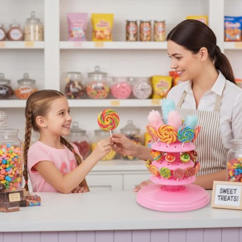 48-Hole Adjustable 4-Tier Cake Pop Stand & Lollipop Display Holder, Pink Plastic Drying Tower for Wedding Birthday Party Supplies, Candy Cotton Candy Stand Holder