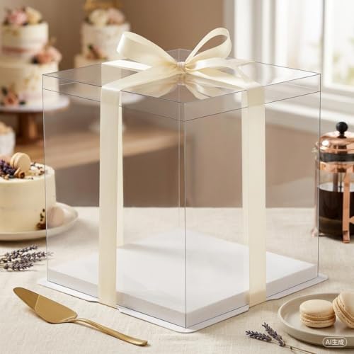 14x14x12 Clear PET Cake Boxes 30 Bulk Pack with Food-Grade Base & 6 Rolls Just For You Satin Ribbon, Wholesale Extra Tall Carrier for Bakeries, Large Multi-Tier Wedding Cakes & Gift Packaging - size: 14 inch