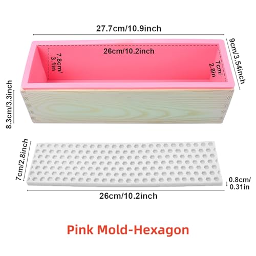 Soap Making Kit, 44oz Silicone Soap Making Liner Wood Box with Beehive & Hexagon & Rose Mat Creative Honeycomb Mat Mold for DIY Soap Making (Purple & Pink) (Pink Mold-Hexagon) - color: Pink Mold-Hexagon