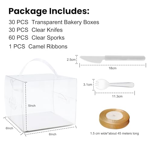 30pcs Transparent Bakery Boxes With Ribbon,Knives and Forks, Clear Cake Box, Plastic Cake Carrier with Lid and Handle Transparent Gift Favor Box Cupcake Treat Boxes for Party (Clear, 6*6*5 in-30pcs) - size: 6*6*5 in-30pcs