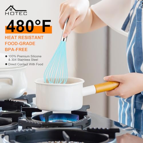 HOTEC 4Pcs Silicone Whisk Set, Wire Balloon Whisks for Cooking Egg Beater - color: Blue,Silver