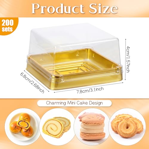 200 Set 3" Mini Cupcake Containers, Clear Plastic Square Containers with Lids Small Cupcake Boxes Muffin Pod Dome Muffin Single Individual Packing Box for Wedding Birthday Party(Gold)