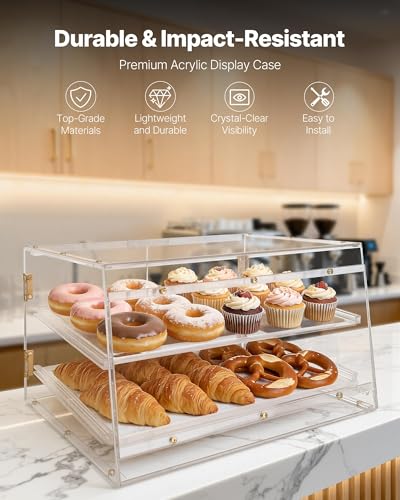VEVOR Bakery Display Case, 2-Tier Commercial Countertop Pastry Display Case, Clear Acrylic Bread Box for Kitchen, Party Cake Cabinet with Magnetic Rear Door for Cookie Dessert Donut, 20.7"x15.7"x12" - size: 2-Tier
