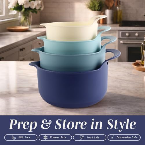 COOK WITH COLOR Nesting Plastic Mixing Bowl Set with Pour Spouts and Handles, Ombre Blue, 4 Piece Non-Slip - color: Ombre Blue, size: 4 Piece Non-Slip