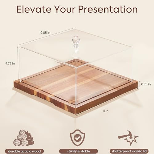 Acacia Wood Cake Stand with Lid,2-in-1 Cake Holder with Dome,Square dome - size: Square 11*11*5.56
