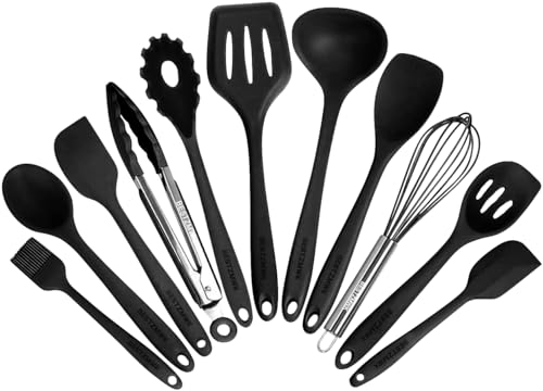 Kitchen Utensil Set - 11 Cooking Utensils - Colorful Silicone Kitchen Utensils - Nonstick Cookware with Spatula Set - Colored Best Kitchen Tools Kitchen Gadgets (Black) - color: Black