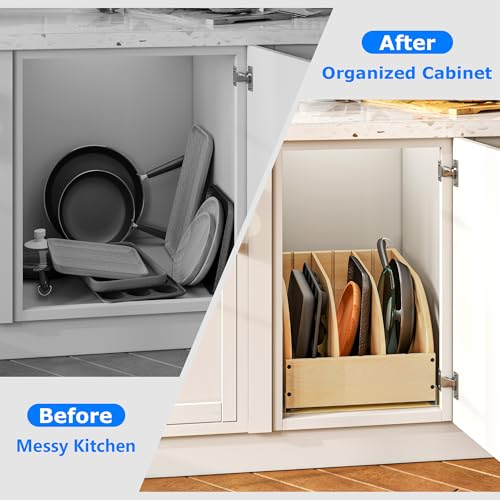 WelFurGeer Birchwood Pot and Pan Organizer with Soft-Close Drawer, Pull Out Cabinet Organizer, Heavy-Duty Slide-Out Storage for Baking Sheets, Cutting Boards, and Kitchen Utensils - size: 14"W X 21"D