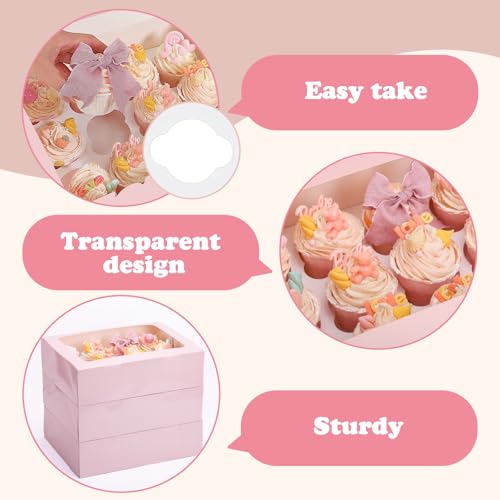 Moretoes 7PCS Pink Cupcake Boxes with Window(12 Count Cupcake Containers) - color: Pink, size: 12.8*10*3.5inch