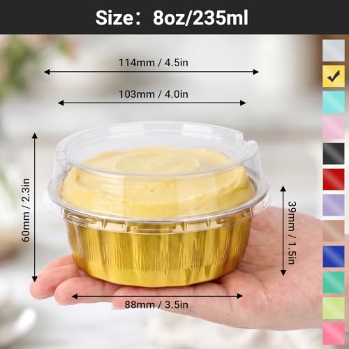 EUSOAR Cupcake Liners for Baking, Gold 30 Pack 8oz Disposable Aluminium Creme Brulee Ramekins Cupcake Liners, Foil Desert Cake Pans Flan Molds Tin Foil Cups Containers with Lids for Baking - color: Gold, size: 30pcs, 8oz