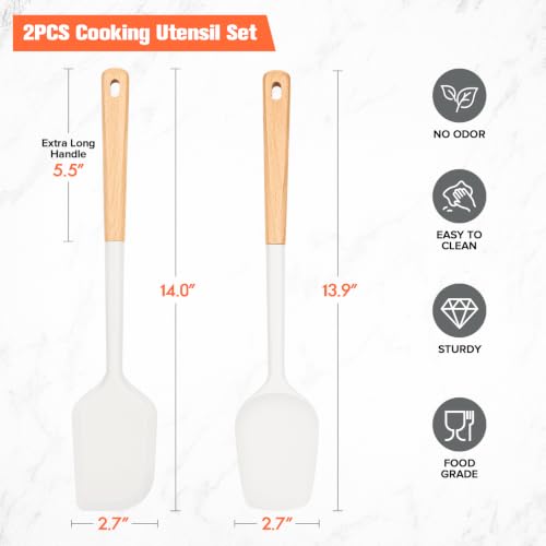 Large Silicone Rubber Spatula Scrapers 14" with Long Wood Handle, 2 Pack - color: White