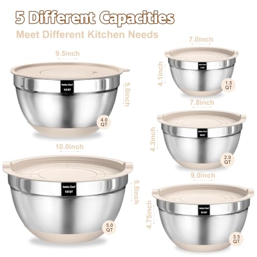 Heavy-Duty 5QT Large Mixing Bowls with Lids Set, Non-Slip Silicone Base - color: Khaki