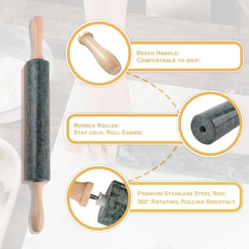 Koville Marble Rolling Pin, Non-Stick Stone Dough Roller, Rolling Pin for Baking,Pasta, Dumpling, Ravioli, Fondant,Pie Crust, Kitchen Baking Pastry Tools - color: Green Marble