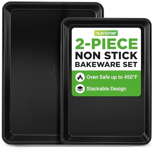 NutriChef 2-Piece Non-Stick Black Cookie Sheets - Versatile & Durable Non-Toxic Carbon Steel Bakeware Sets, Stackable Baking Tray for Cookies, Brownies, Jelly rolls - Oven Safe & Easy Clean - color: Black