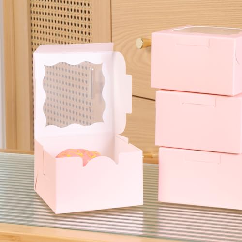 25pcs Pink Small cookie boxes,4x4x2.5 Inch Bakery Boxes with Window,gift boxes bulk for Mini Cake Pastry Dessert Strawberries Chocolates Cupcakes with Stickers - color: Pink/25pcs