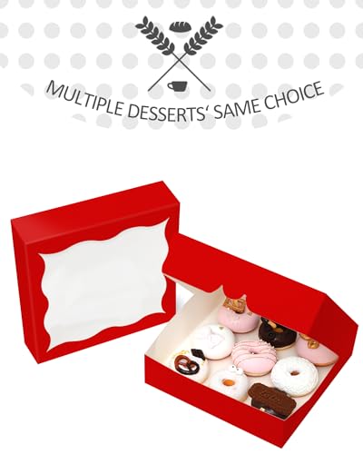 qiqee Auto-pop Up Red Pie Boxes with Window 12x12x3 Inch 24Packs Cookie Donut Bakery Box - color: Red