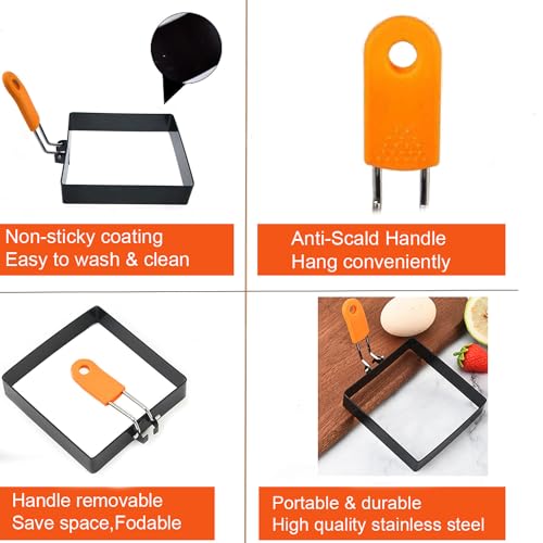 Large 4 Pcs 4 Inch Sqaure Egg Ring for Griddle Frying Egg,4" Non-stick Stainless Steel Square Egg Mold,Square Omelet Ring Pancake Mold Maker With Silicone Insulated Handle Oil Brush & Egg Separator - size: 4 Pieces Square 4 Inch