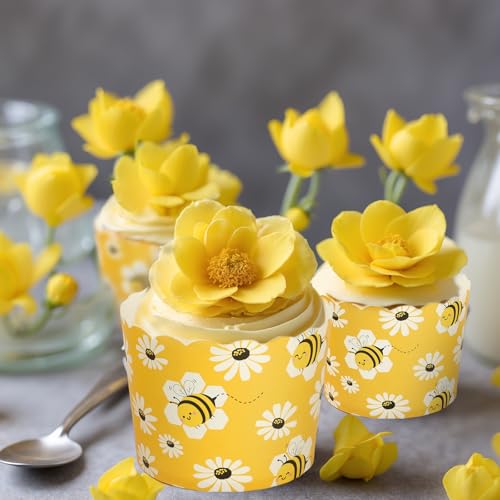 FYSUIMU 100Pcs Bee Paper Baking Cups Yellow White Bee Daisy Cupcake Wrappers Summer Scalloped Edge Cupcake Muffin Cases Disposable for Dessert Decoration - style: Bee