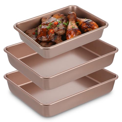 3 Pack Gold Rectangle Deep Baking Pans Set for Oven Heavy Duty Nonstick Cake Pans Baking Oven Tray for Cookie Brownie Cake Bread, 11x9x2 & 8.6x6.6 Inches, Easy Clean