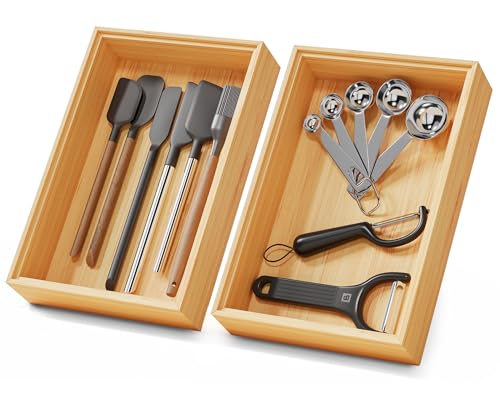 Bamboo Kitchen Drawer Organizer Boxes 9" x 6" Stackable Wooden Organizers - size: 9" x 6" x 2"