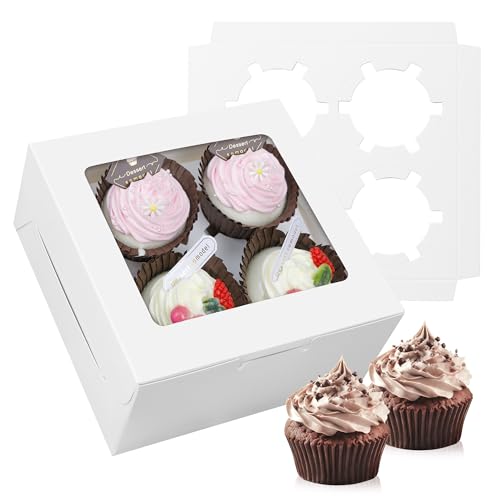 50-Set Cupcake Boxes Bulk with Clear Display Window Hold 4 Standard Cupcakes, Disposable Food Grade White Cupcake Carrier Cupcake Container, Perfect for Cupcakes Muffins Cookies Pastries