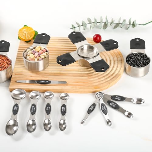 Magnetic Measuring Cups and Spoons Set 16, Metric & US Stainless Steel Measuring Cups and Spoons Set for Dry & Liquid, Metal Measure Cups & Spoons & Leveler for Kitchen&Baking, Black