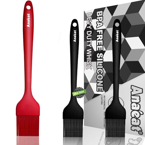 Anaeat High Heat Resistant Silicone Basting Pastry Brush Set of 3- Hygienic One-Pieces Design Spread Oil Butter for BBQ Grill Barbecue Baking Kitchen Cooking - BPA Free & Dishwasher Safe (10"+8.2") - color: 3 Pcs (10" Red + 8.2" Black)