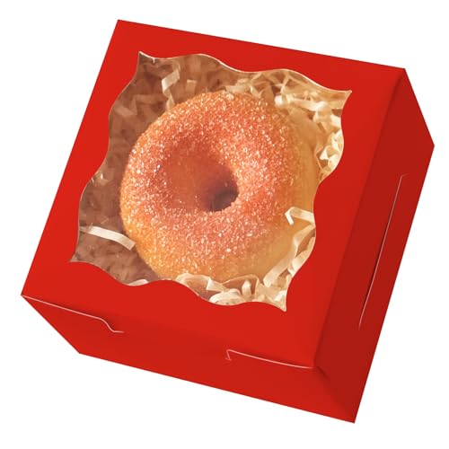 qiqee Red Bakery Box with Window 4x4x2.5 inch 30Packs Macaron Boxes Small Donut Pastry Boxes for Party Mini Cookie Boxes - color: Red, 30Pcs, size: Small