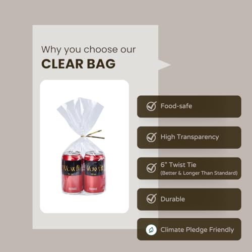 Wowfit 100 CT 7x13.2 Clear Cellophane Gift & Favor Bags, 6" Gold Twist Ties - size: 7x13.2 Inch (Pack of 100)
