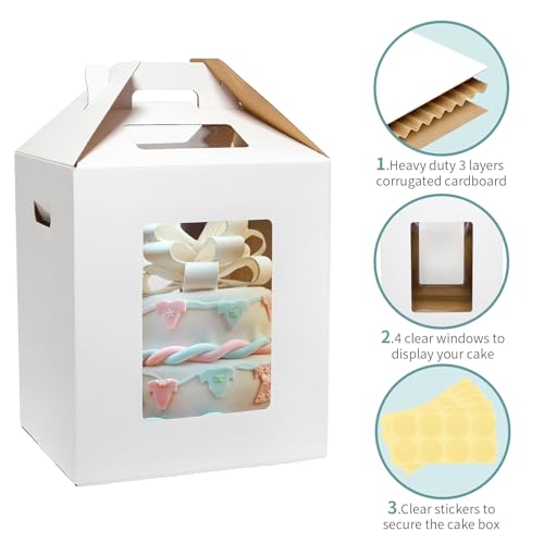 Wowxyz 3 Pack Tall Cake Boxes for Tier Cakes 12x12x14 Inch with Window