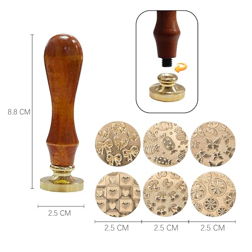 6-Piece Cute Wax Seal Stamp Set – Full-Coverage Pattern Collection with Solid Brass Heads & Wooden Handle – Kawaii Candy Cherry Butterfly Designs for Cards, Envelopes & DIY Crafts