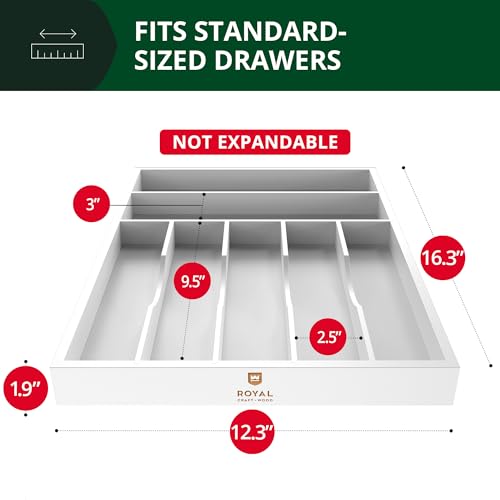 ROYAL CRAFT WOOD Luxury Bamboo Kitchen Drawer Organizer - Silverware Organizer - Utensil Holder and Cutlery Tray with Grooved Drawer Dividers for Flatware and Kitchen Utensils (7 Slot, White) - color: White, size: 7 Slot