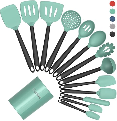 Coukre Silicone Kitchen Cooking Utensils Set, Heat Resistant, 14-Piece - color: AquaGreen