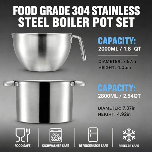 ZENFUN Double Boiler Pot Set with Silicone Spatula, 2000ML/1.8QT Chocolate Melting Pot with 2800ML/2.54QT Stainless Steel Pot, Candy Melting Pot, Chocolate Melter for Butter, Caramel, Cheese, Wax,