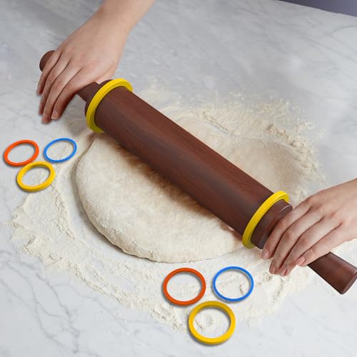 Wood Rolling Pin,17''Sapele Roller with 3 Thickness Rings &Pastry Mat,Brown - color: Brown+Mat