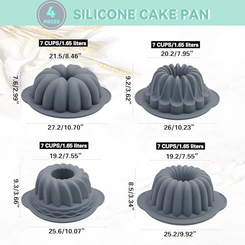 Tongjude 4 Pieces Silicone Fluted Tube Cake Pans, 7 Cups Tube Baking Pan, Jello Mold, Silicone Molds for Homemade Cake, Bread and Jello, Non-Stick, Grey - size: 4pcs fluted tube cake pans (7 Cups)