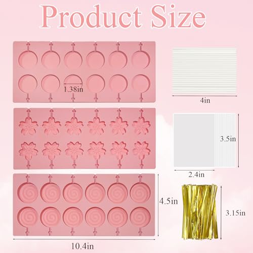 303Pcs Lollipop Mold Kit, CHELIZIYA 3 Shapes Pink Silicone Candy Molds