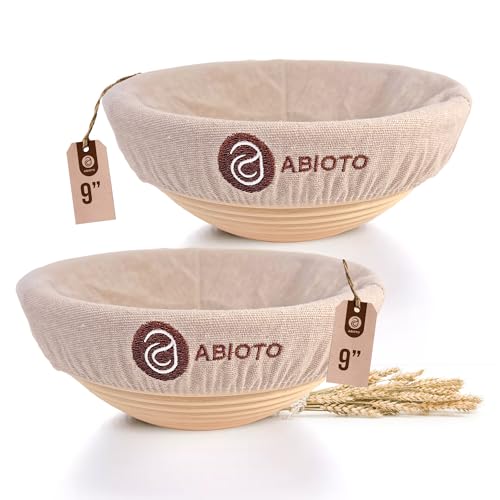 ABIOTO Bread Proofing Baskets for Sourdough Bread Baking - Set of 2 9" Round Banneton Baskets with Liners, Made of Finest Indonesian Rattan - Bake Perfect Artisan Bread Loaves at Home Like a Pro