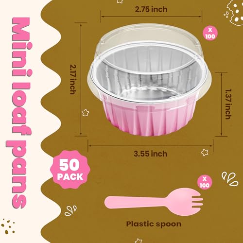Mini Cake Tins with Lids,Baking Cups,5oz 50 Pack Pink for Desserts - color: Pink