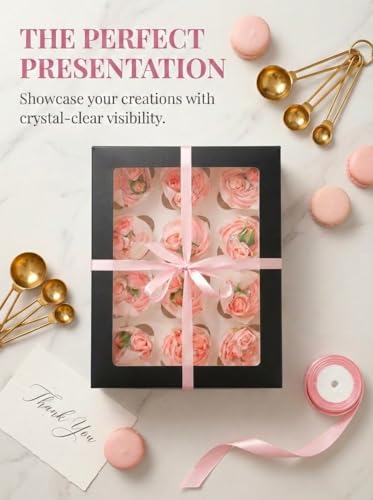qiqee Auto-pop Up Cupcake Boxes with Window Black 40PCS 12 Count Cupcake Box 13"x10"x3.5" Cupcakes Carrier, 12 Cupcake Containers with 2 rolls of pink ribbons - color: Black, size: 12 Holder/40 Packs