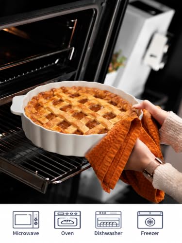 Samsle Ceramic Pie Pan, 13 Inch Round Baking Dish with Handles, White
