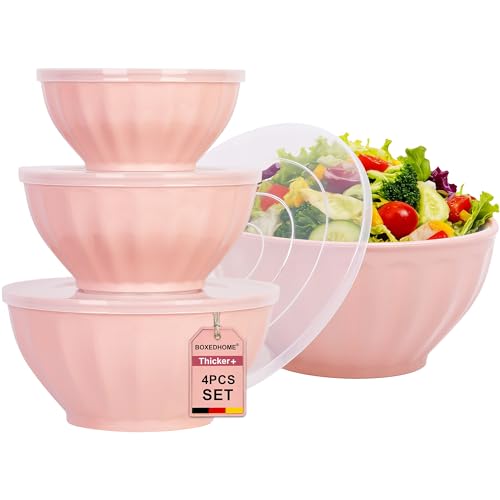 BoxedHome Mixing Bowls with Lids Set, 8 pieces Large 0.2” Thick Plastic Nesting Mixing Bowl, Microwave Safe,Size 5.92, 4.12,3.06,1.80 Quart, Pink - color: 8 PK Pink