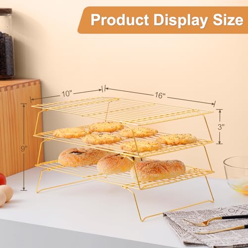 Briout Cooling Rack for Cooking Baking 3 Tiers, 16" x 10" Wire Rack, Gold - color: Gold, size: 16"x10"-3Tier