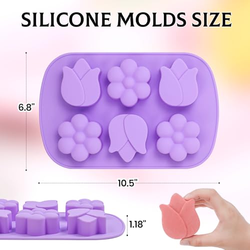 SJ Silicone Molds for Crafts, Tulip & Flower Resin Mold, 2 Pack 6 Cavity - color: Pink+Purple / 3 Flower Shape