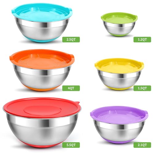 Mixing Bowls with Lids Set,10pcs Stainless Steel Mixing Bowls with Graters and Egg Whisk &Non-Slip Bottoms Food Prep Nesting Bowls for Baking, Cooking, Meal Storage(1.2QT-5.5QT)