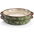 AVLA 2 Pack Ceramic Pie Pan, 9 Inch Round Baking Dish with Double Handle, 28 Ounce Deep Quiche Plates for Kitchen, Cooking, Roasting Lasagna (Sakura, Green) - color: Green