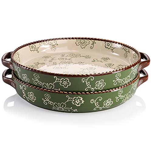 AVLA 2 Pack Ceramic Pie Pan, 9 Inch Round Baking Dish with Double Handle, 28 Ounce Deep Quiche Plates for Kitchen, Cooking, Roasting Lasagna (Sakura, Green) - color: Green
