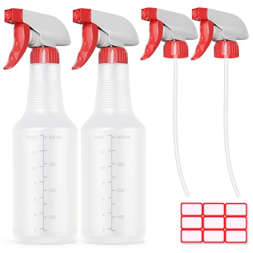 Veco Spray Bottle (2 Pack&2 extra Nozzle,16 Oz) with Measurements and Adjustable Nozzle, HDPE Plastic Spray Bottles for Cleaning Solution, Household/Commercial/Industrial Use, No Leak and Clog - size: 16 Ounces (Pack of 2)